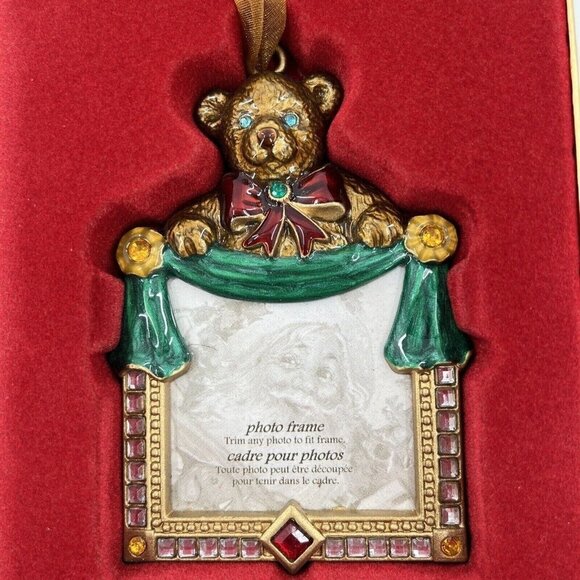 Enamel Rhinestones Christmas Ornament Picture Frame Teddy Bear Vintage Look - Picture 2 of 10